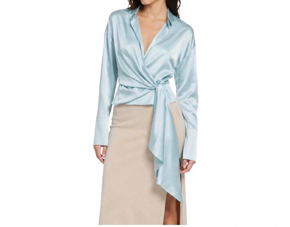 NEW MOTHER OF ALL gisele satin wrap top in light blue